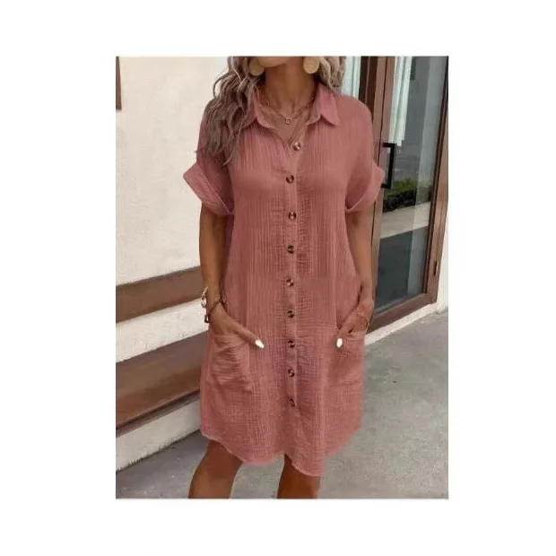 

Women's Casual Versatile Solid Color Cotton Linen Short Sleeved Loose Shirt for Medium Long Wear Europe TUSA Solid Nightdress
