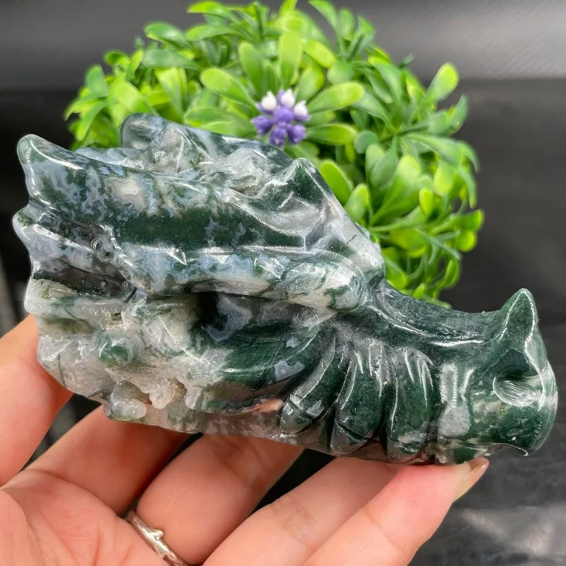 Natural Moss Agate Hand-Carved Dragon Skull Suitable for Home Decor Desk Embellishment Holiday and Halloween Gifts