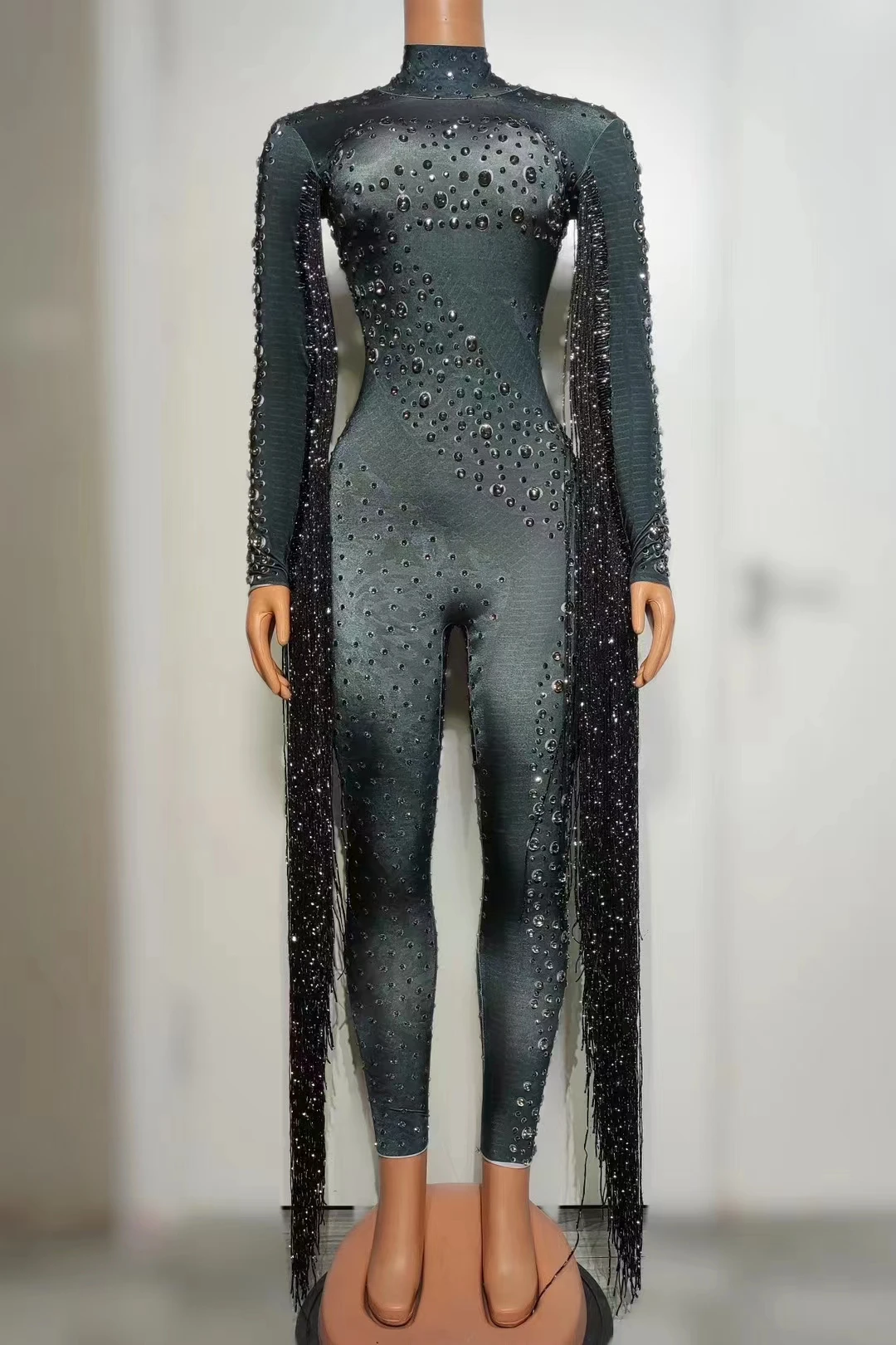 레드 TasselPrinted Rhinestones Jumpsuit생일 댄스 파티 축하 프린지 바디 슈트 DJ여성 가수 댄서 무대 착용 A530