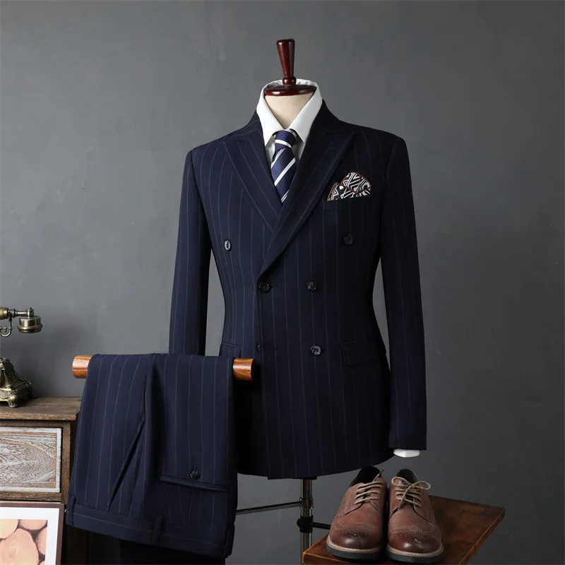 

Men Outfit Double-breasted Turn Down Collar Blazer Male Straight-leg Pant Man Loose Striped Business Wedding 2-piece Suit Set