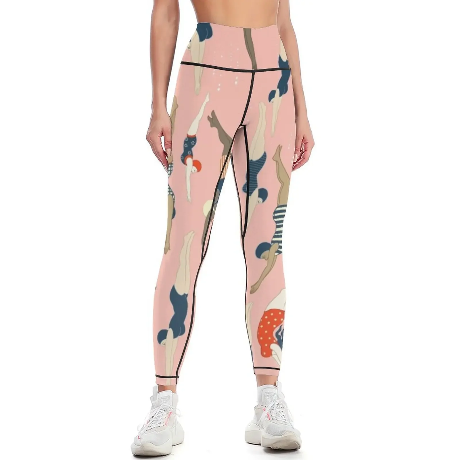 

Diving ladies from a vintage era repeat pattern design. Lovely rose background Leggings sports for Pants sport Womens Leggings
