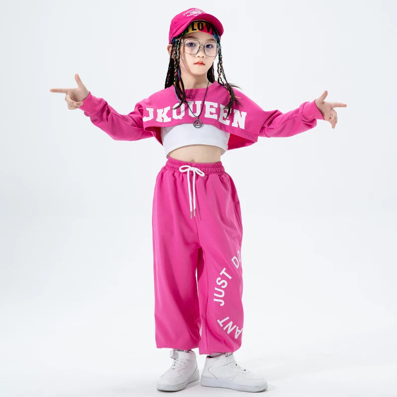 Vêtements rose Kpop Hip Hop pour filles, hauts à manches longues, pantalons amples, vêtements d'entraînement de Jazz, Costume de spectacle de Concert pour enfants BL9166