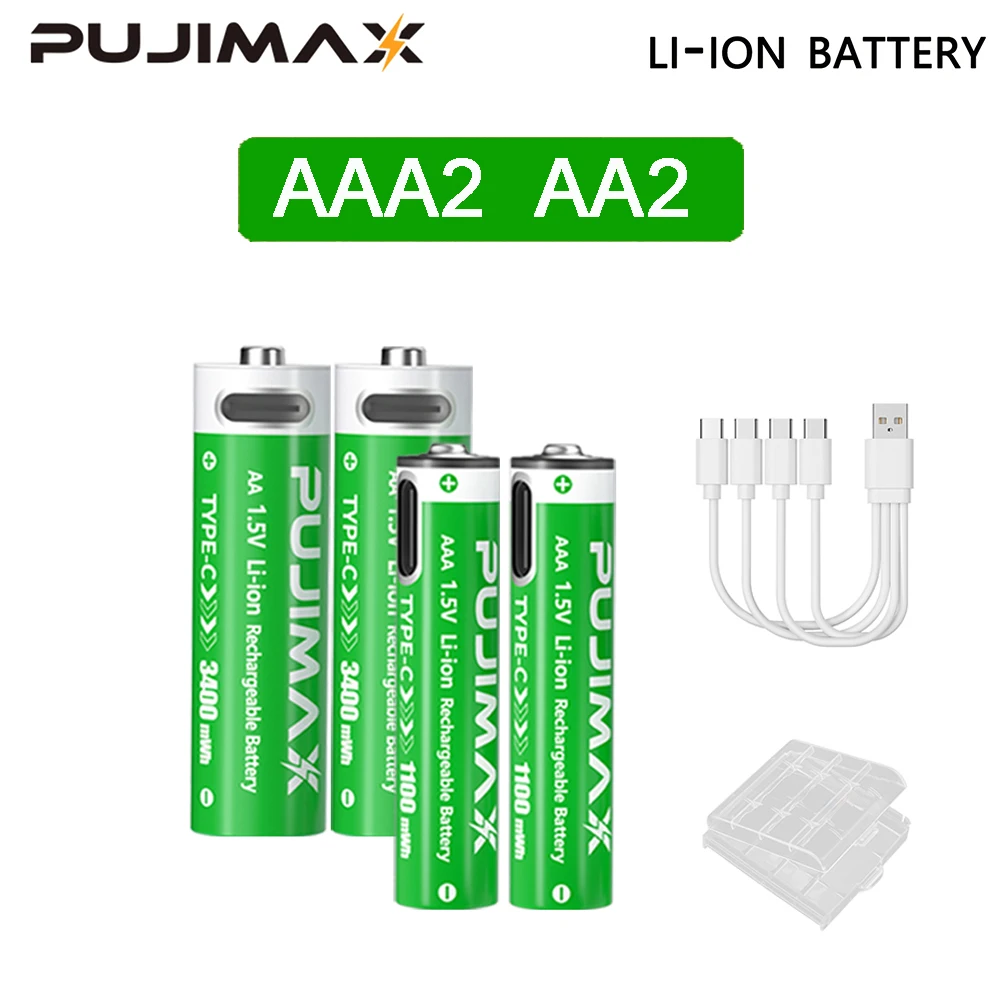 PUJIMAX 1,5 V AAA/AA 3400 mWh 1100 mWh oplaadbare batterij USB Type-C oplaadbare Li-ion batterij voor afstandsbediening elektrisch speelgoed