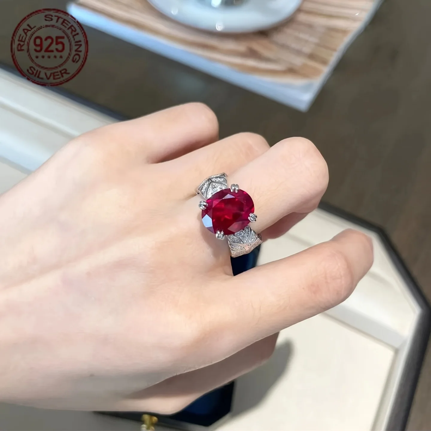 فاخر البيضاوي قطع 9.52CT مختبر روبي مع زركون 925 فضة خواتم للنساء خمر خاتم الزواج غرامة مجوهرات #5