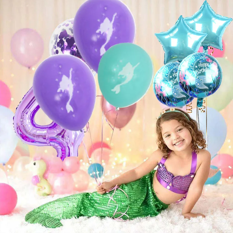 Zestaw balonów na imprezę syrenka fioletowy numer muszla balon foliowy dziewczyna mała syrenka dekoracje urodzinowe sprzyja powietrzu Globos Baby Shower — zdjęcie 5