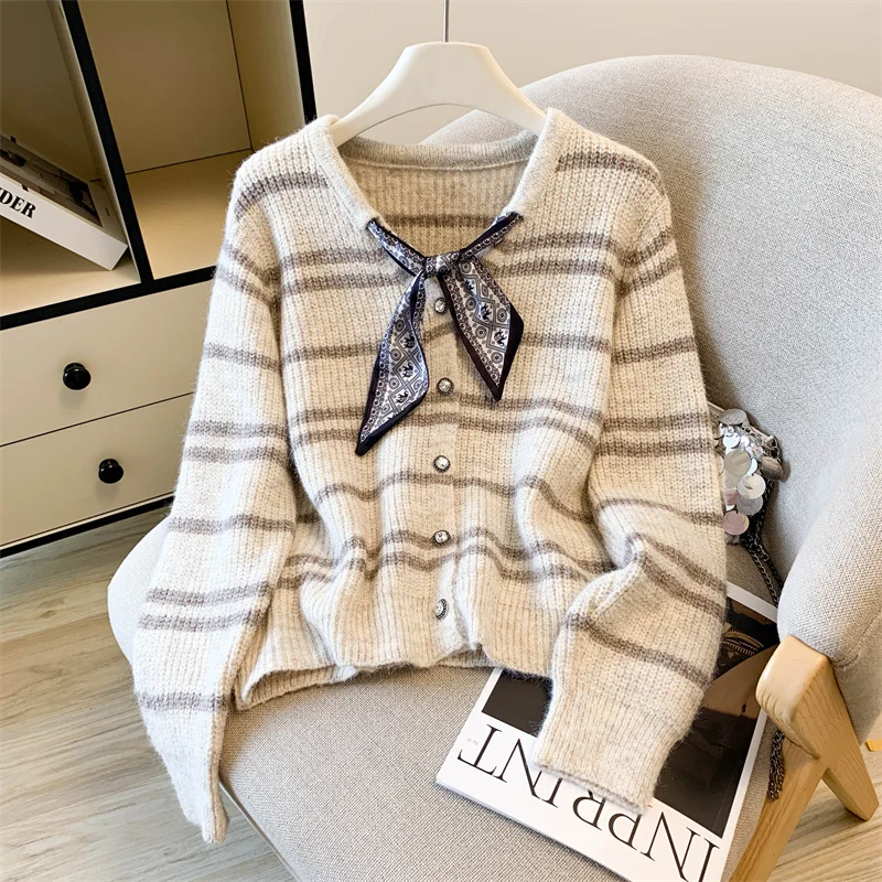 

Womens Knitted Cardigan V Neck Striped Sweater Autumn Winter New Loose Slimming Long Sleeve Cover Flesh Top