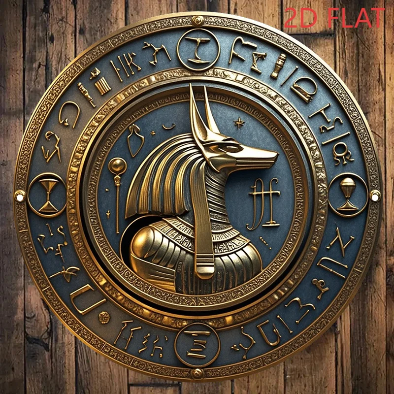 Egyptian Anubis Golden Wall Art, 8x8 Inch Round Metal Sign Vintage Hieroglyphics Decor for Home Bar Indoor Outdoor