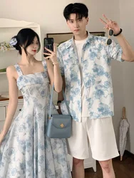 Unique Design Couple Matching Summer 2024 Short Sleeve Holiday Style Dress And Shirt One Skirt One Top Casual Breathable Poly...