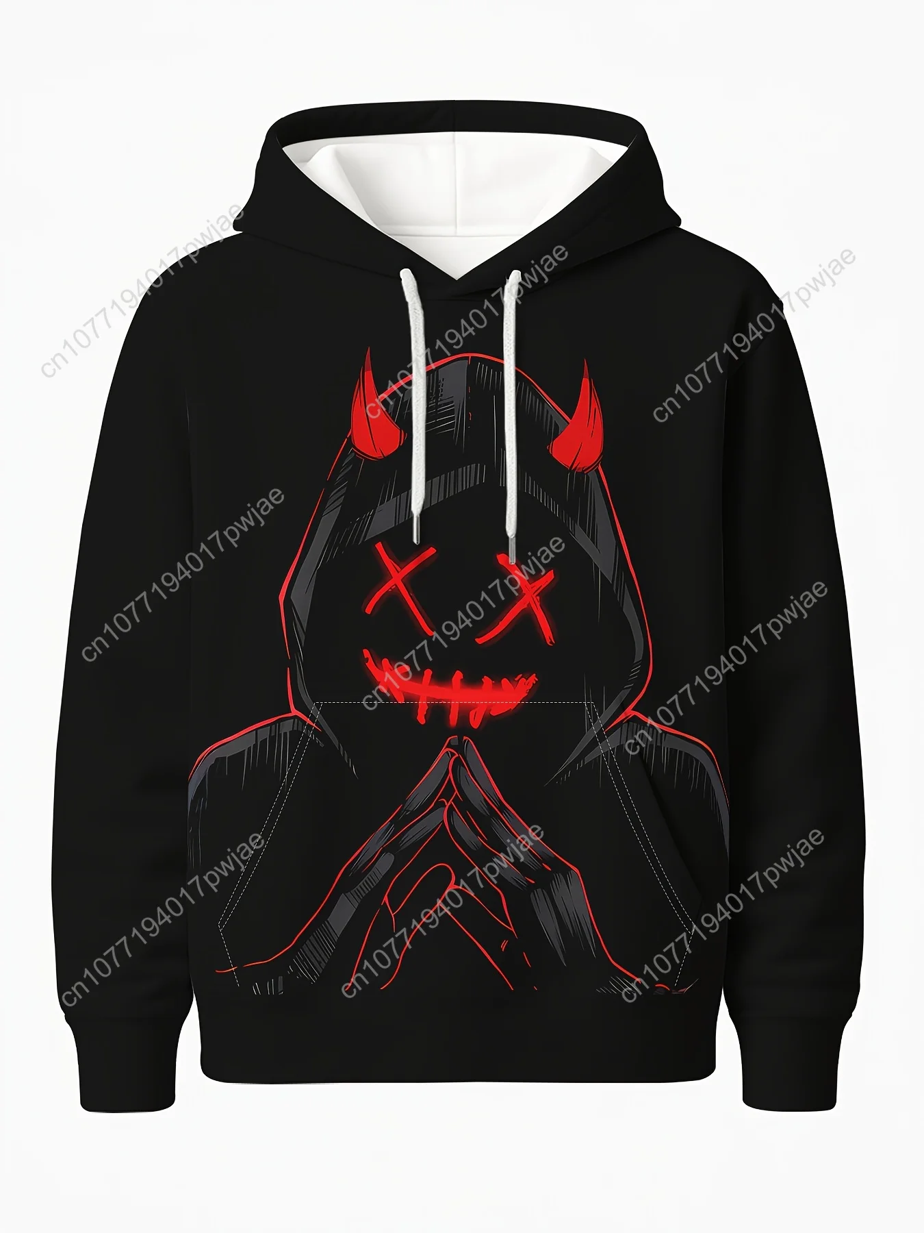 Sudadera con capucha con gráfico de diablo 3D para hombre con cordón y bolsillo canguro - Estampado rojo y blanco nervioso, jersey de manga larga de ajuste regular para F