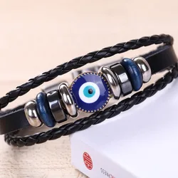 Turkish Evil Eye Bracelet Vintage Multi Layer Leather Braided Bracelet Blue Eye Alloy Split Buckle Men's Bracelet