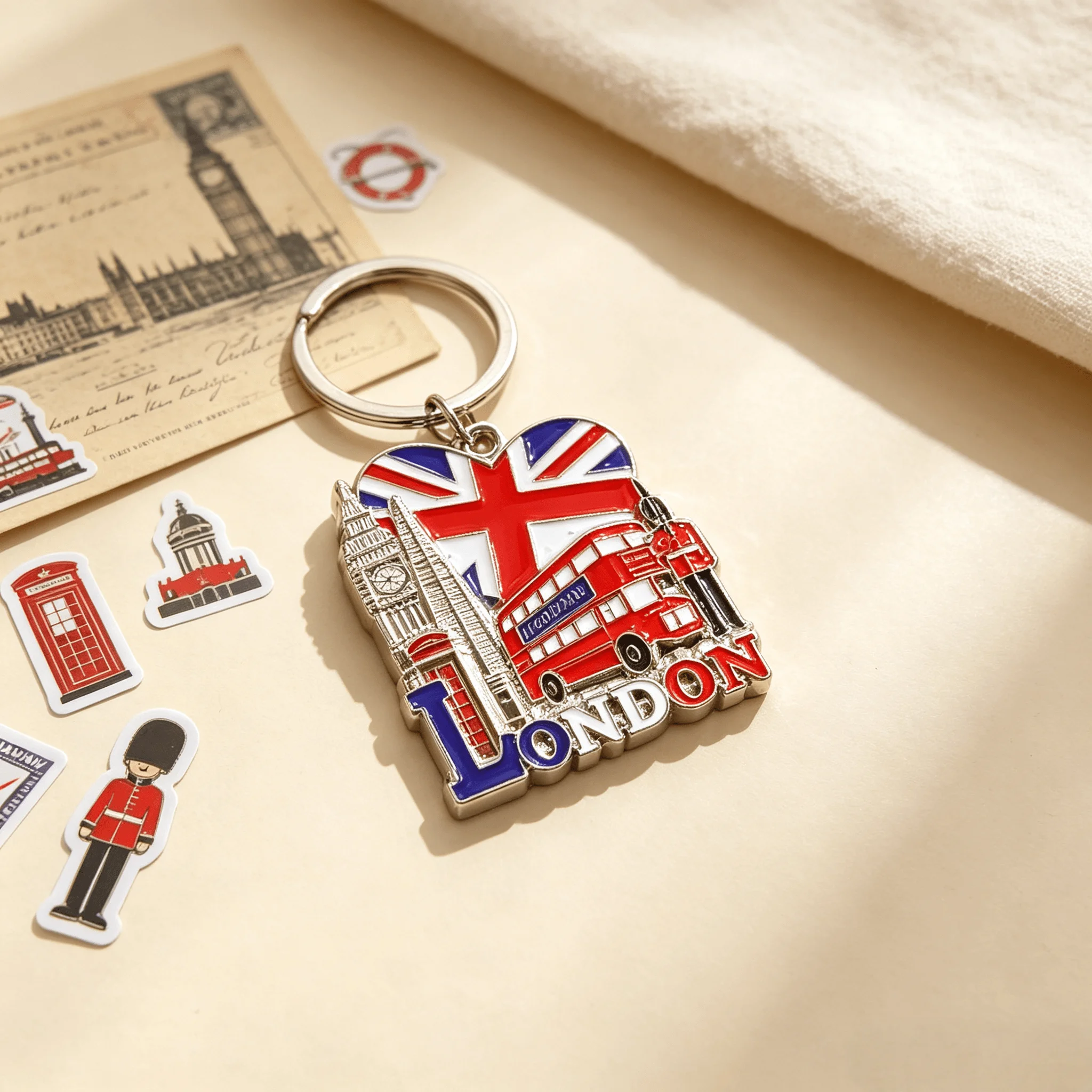 Vintage London Tourist Souvenir Key Chain British Big Ben Red Double Decker Bus Guards Union Jack Enamel Metal Keyring Gift for