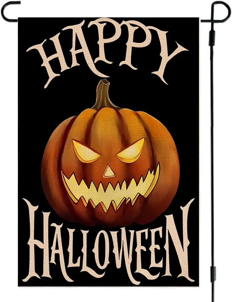 Happy Halloween Garden Flag 12x18 Inch Burlap Double Sided, Jack-o-Lantern Pumpkin Outdoor Halloween Decorations Holiday Yard Fl