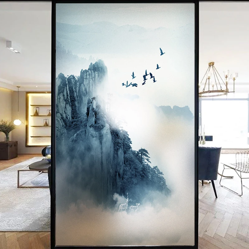 Chinese Ink Painting Privacy Glass Film Classical Style Landscape Pattern Window Films Static Cling Stained Window Stickers