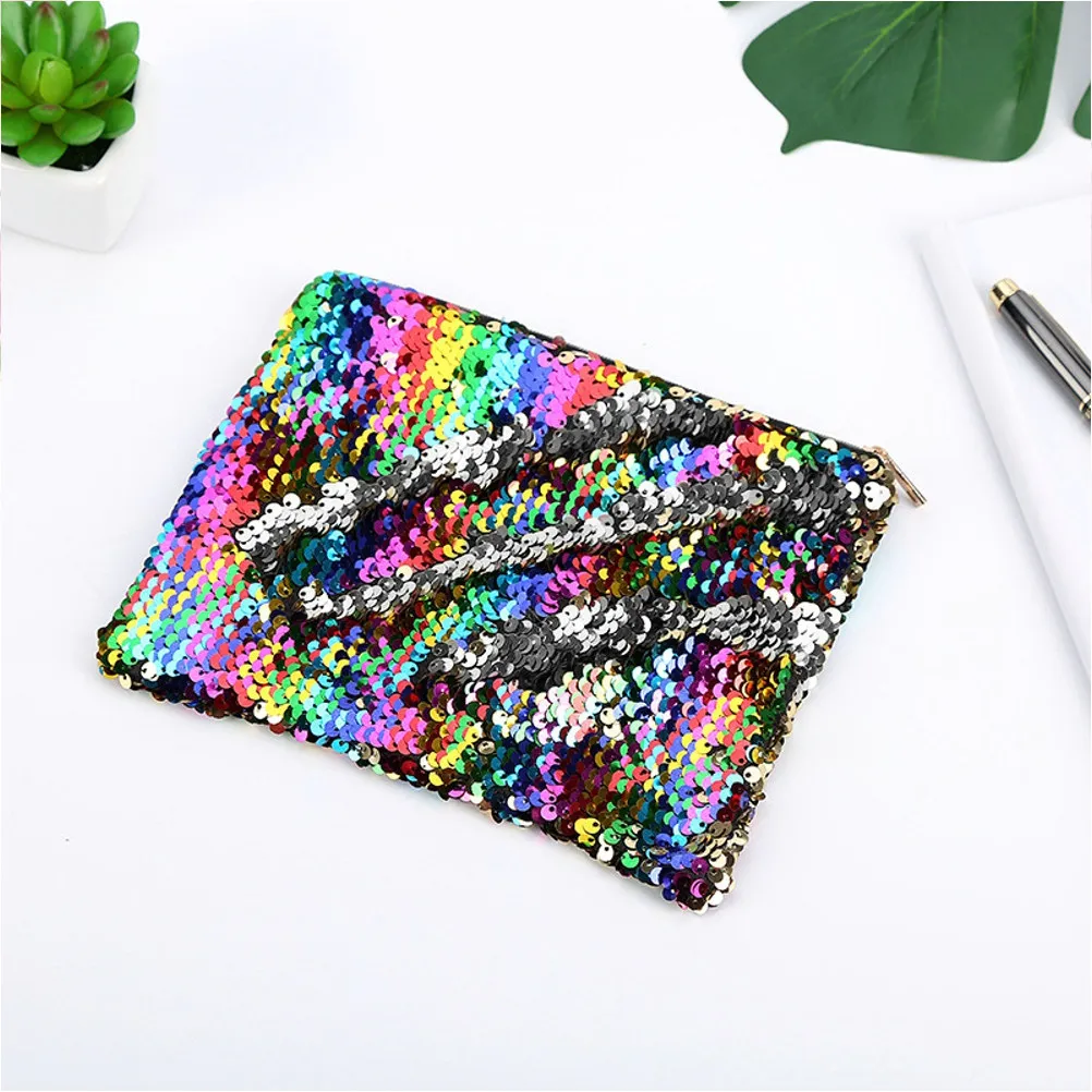 Sequined Glitter Pencil Bag Rainbow Silver Zipper Case Multifunctional Pouch Pen Organizer for Women Students