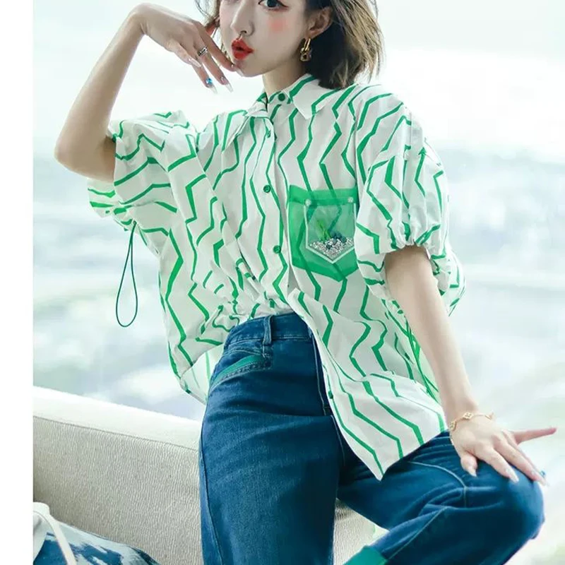 Summer Woman Clothes Loose Youth Lively Fashion Thin Green Drawstring Striped Office Lady Simplicity Lantern Sleeve Shirt Trend