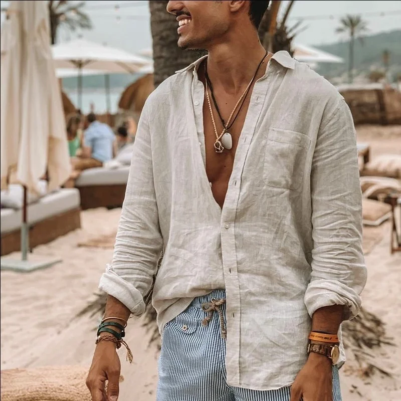 Camicia allentata in lino di cotone solido da uomo per tutte le stagioni camicie da spiaggia con Cardigan a maniche lunghe con risvolto Casual per uomo