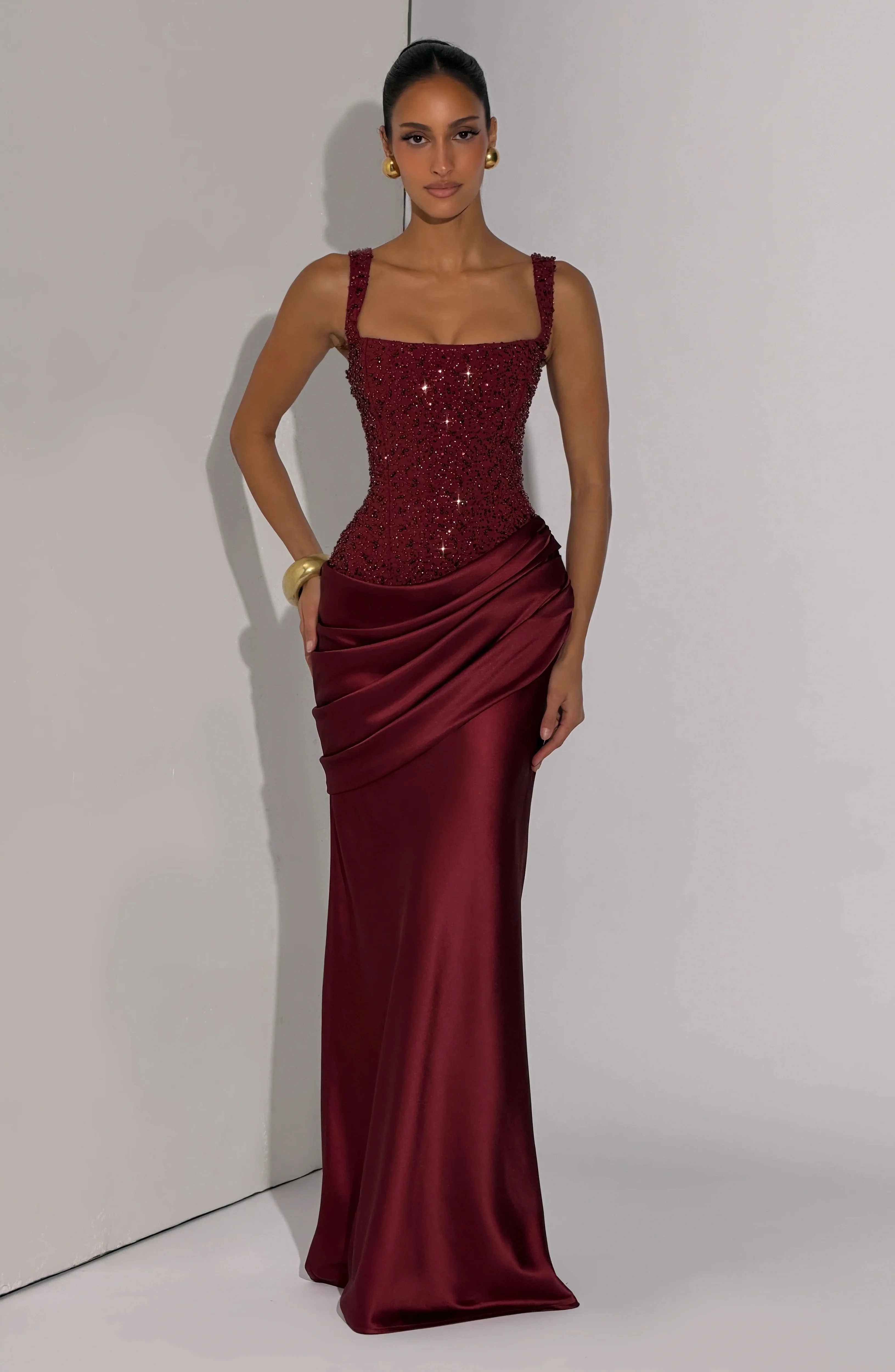 Customized Burgundy Heavy Beaded Mermaid Evening Dress For Women Elegant Long Prom Party Dress Banquet Wedding Guest Occasion