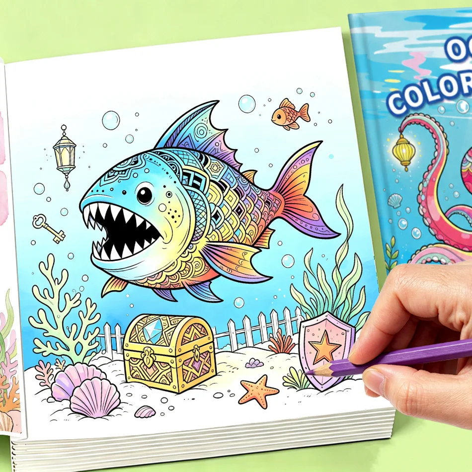 Ocean Coloring Book for Kids, 32 Pages Under‑Sea Creature Pattern Drawing Workbook, Ocean Themed Graffiti Sketchbook