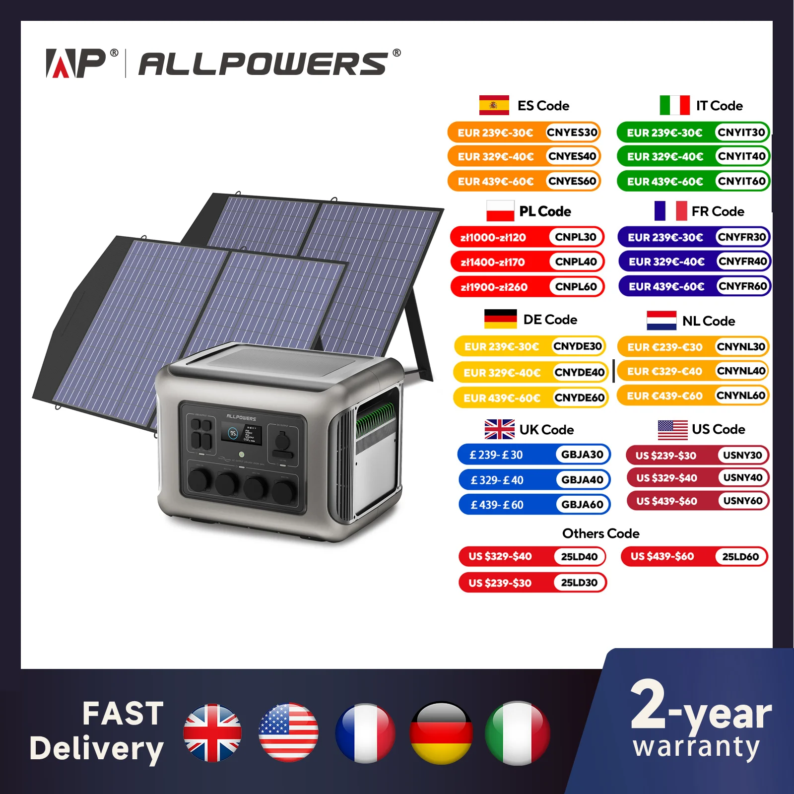 ALLPOWERS R2500 Solar Generator 2500W (4000W Peak), 2016Wh LiFePO4 Portable Power Station with Solarpanel 4 AC Outlets for Home