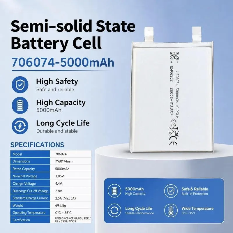 [New] for Polymer Lithium Battery 706074 3.85V 5000mAh Semi Solid Battery High Capacity Rechargeable Power Cell for Electronics