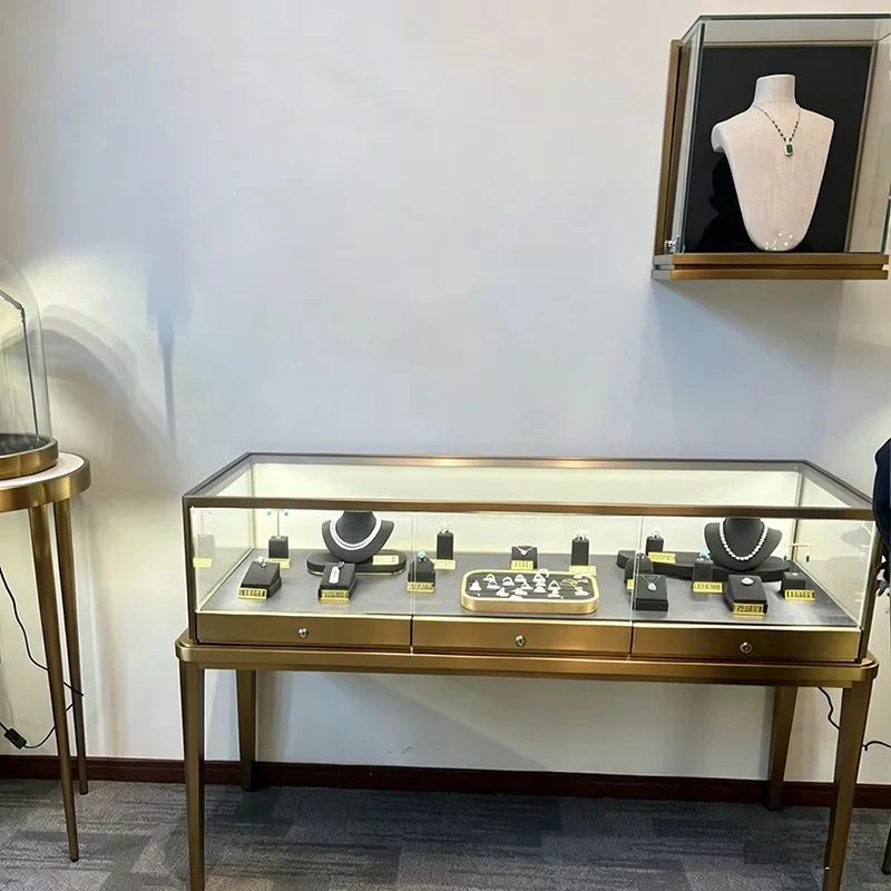 custom.Customized Stainless Steel Jewelry Display Cabinet with LED Lighting Pull-out Rounded Corner Design Display Stand Sh