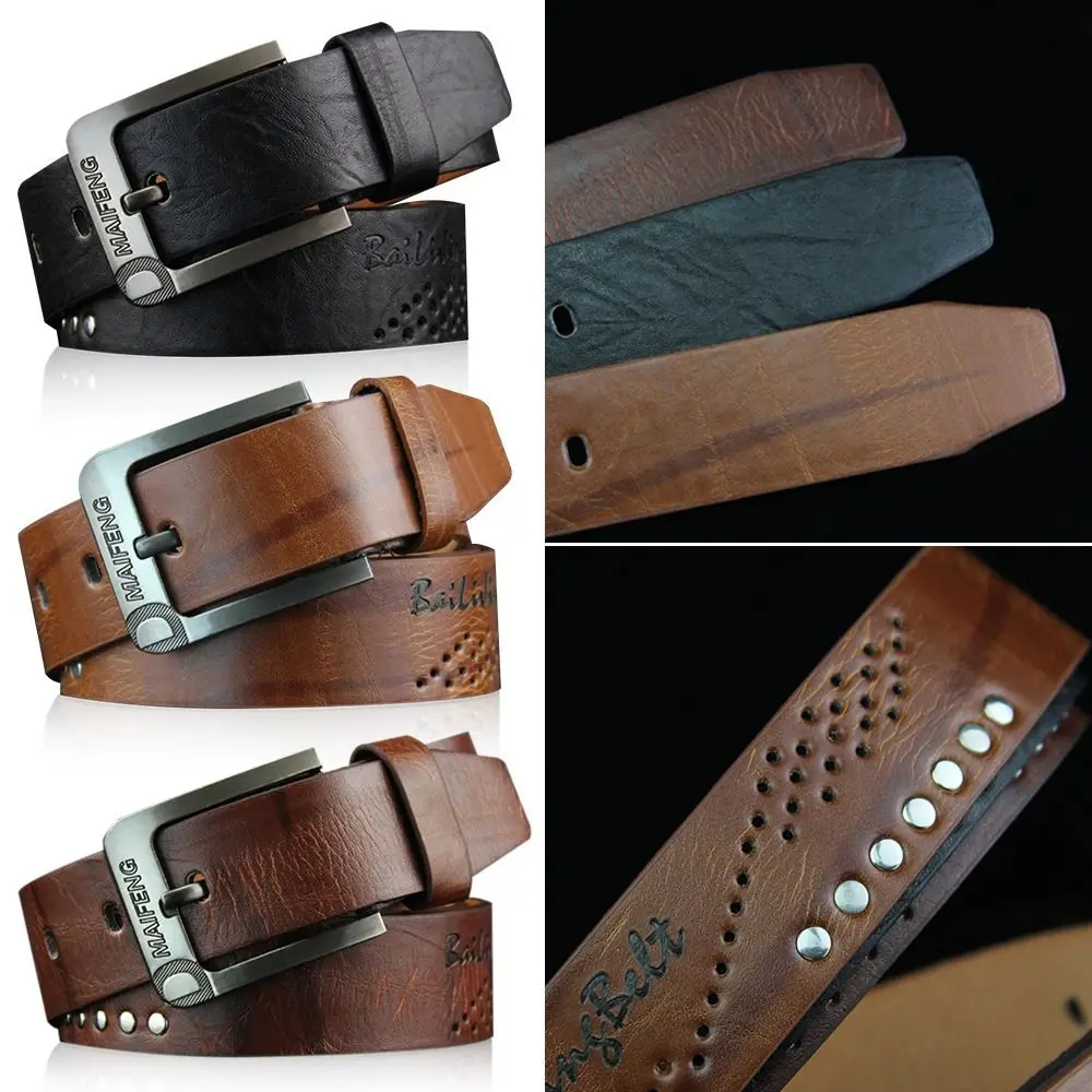 Cinto Masculino de Couro Durável com Fivela de Pino para Calças Casuais e Saias
