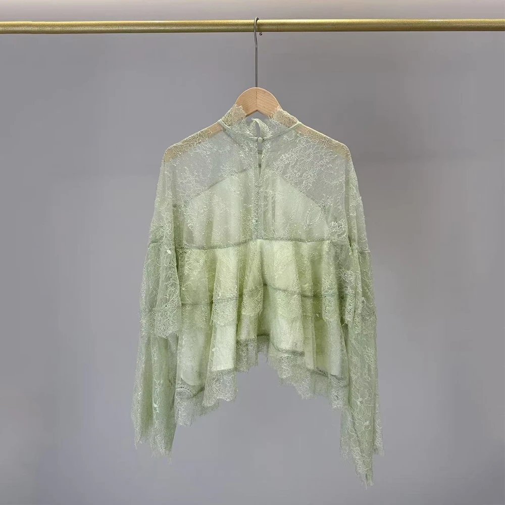 Women Lace Blouse Elegant Stand Collar Long Sleeve Shirt Sheer Floral Lace Ruffle Loose Cropped Tops Ladies Casual Party Shirt