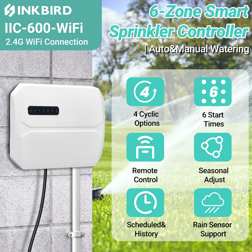 INKBIRD 6 Zones EU Plug Smart Sprinkler Auto Irrigation Controller with Wi-Fi Control Supports Rain Skip Seasonal Adjustment