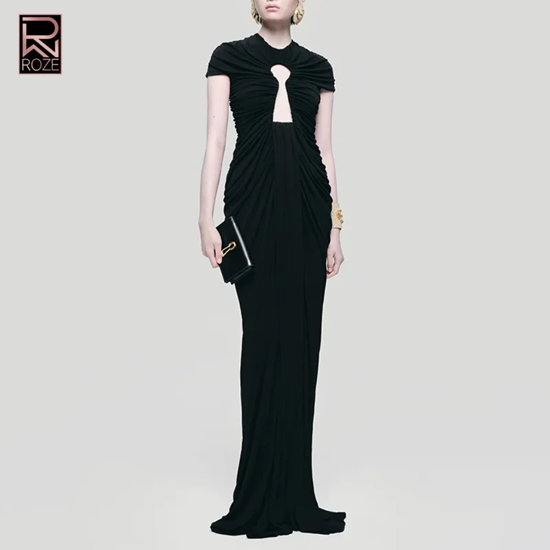 Vestido elegante de color liso con paneles transparentes y detalle de volantes - Vestido largo de manga corta con cuello redondo