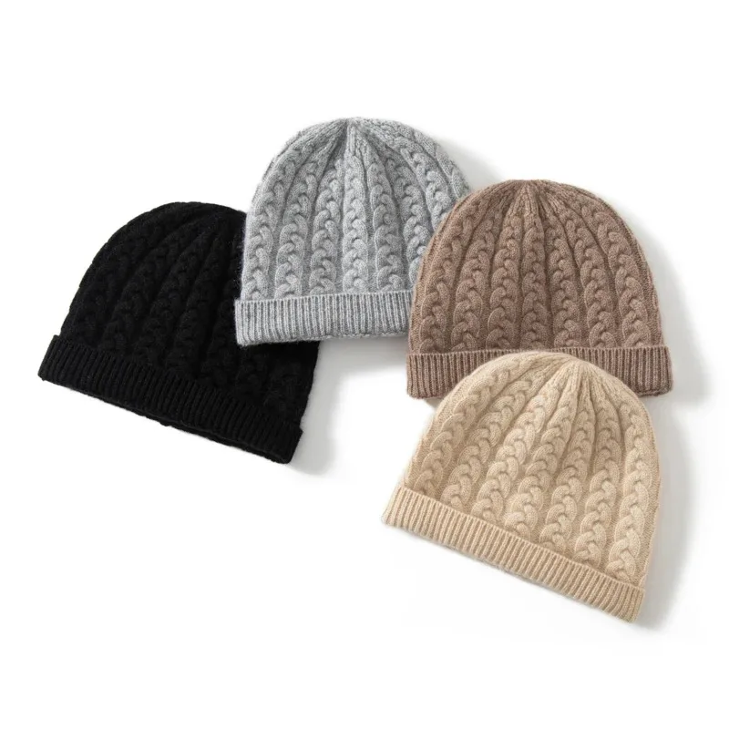 

High Quality Thick Winter Pure Cashmere Men's and Women's Outdoor Warm and Casual Solid Color Jacquard Knitted Brimless Hat