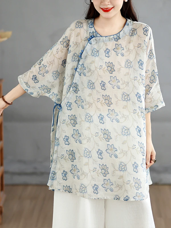 

Loose Cotton Linen Shirt Blue Porcelain Print Button Detail Midi Loose Fit Women's Shirt Summer 2026 Casual round Neck Shirt
