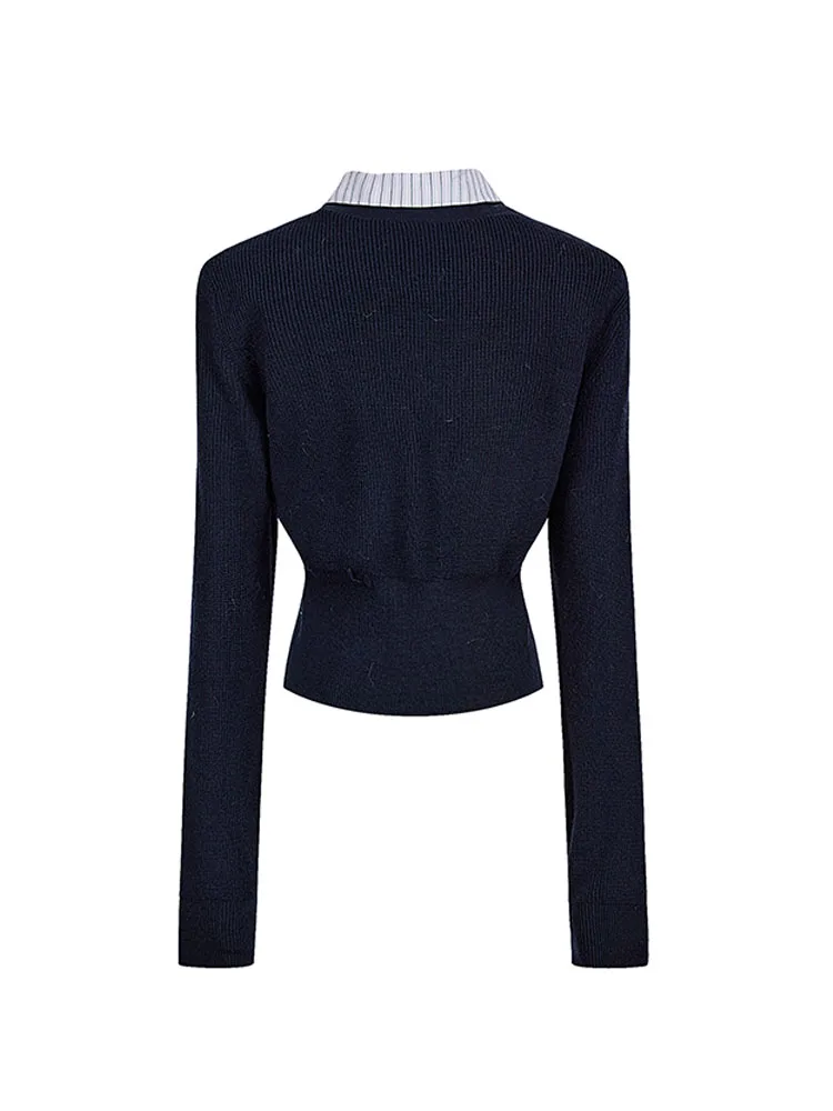 Preppy Style Basic Navy Cardigan Patchwork Slim Autumn Winter Fake Two Pieces Design Polo Collar Knitted Pullover 90s