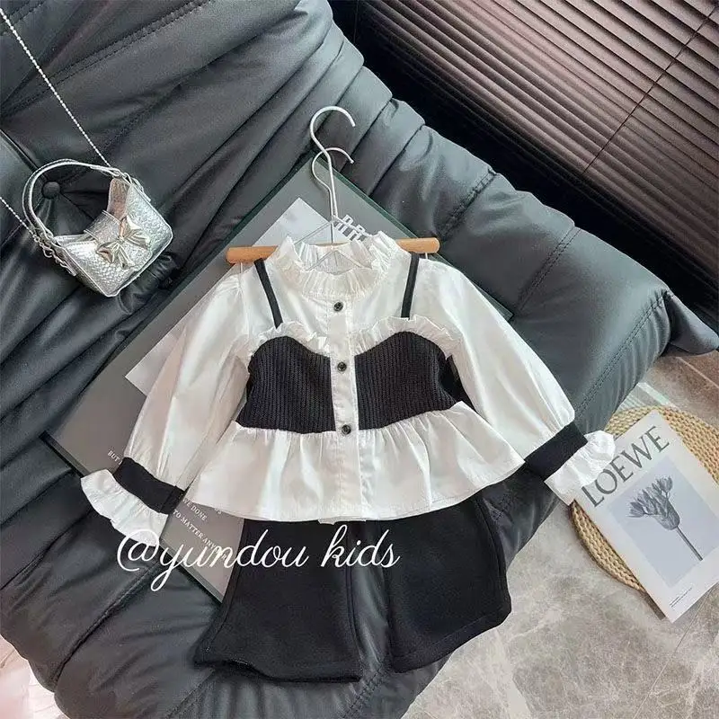

2026 New Kids Fake Two Piece Shirt Flare Pants Outfit Spring Autumn Girls Lace Blouse Korean Fashion Trendy Set 90-140cm