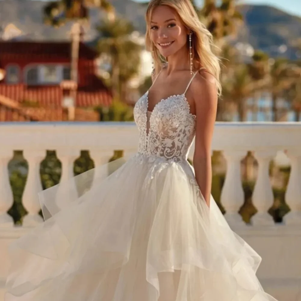 Vestidos de casamento simples, plissados, cintas de espaguete, renda, apliques, babados, tule, sem encosto, vestidos de noiva, 2022