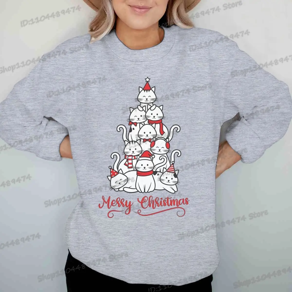 عيد ميلاد سعيد القطط شجرة هوديس الكرتون عيد الميلاد حزب بلوزات الرجال النساء جولة الرقبة الصوف الخريف الشتاء Y2K البلوز