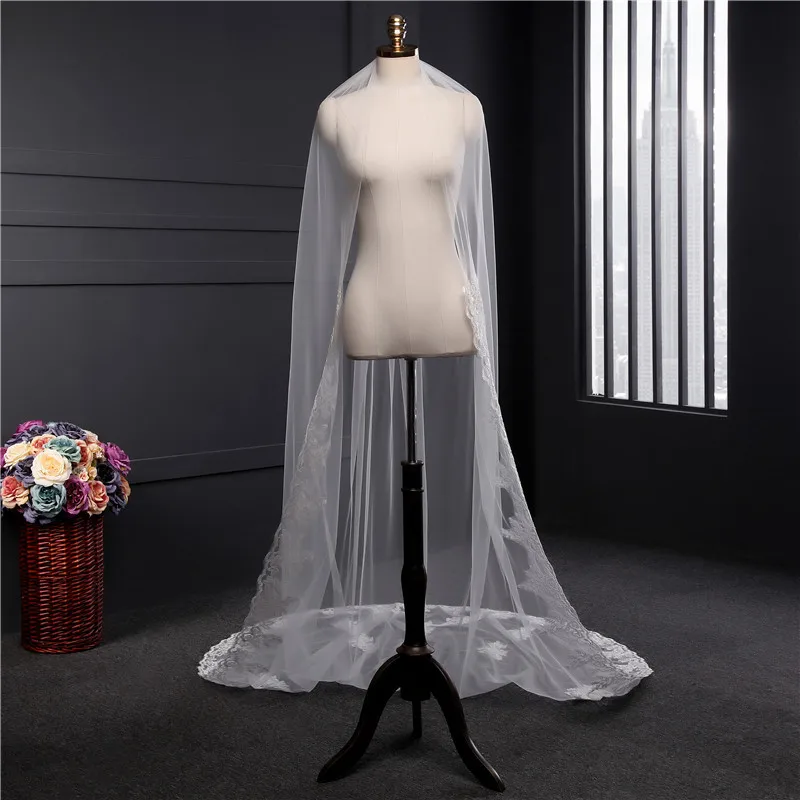 3 Meters Elegant Wedding Accessories Appliques Tulle Long Cathedral Wedding Veils Lace Edge 1T Bridal Veil Veu De Noiva