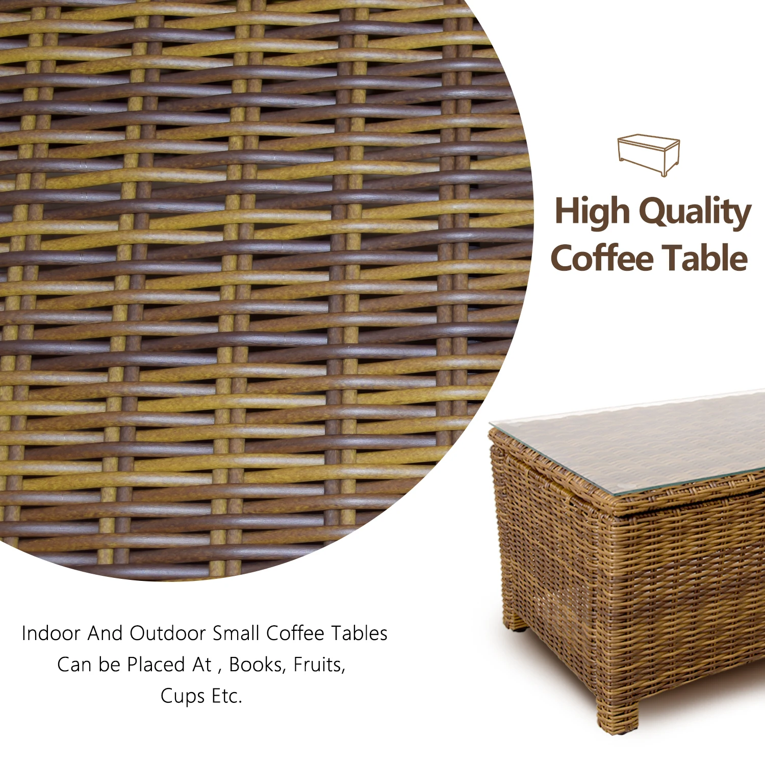 Table basse rectangulaire en rotin pour l'extérieur, petite table d'appoint carrée, dessus en verre, tous temps, étanche, PE, WUNICEF