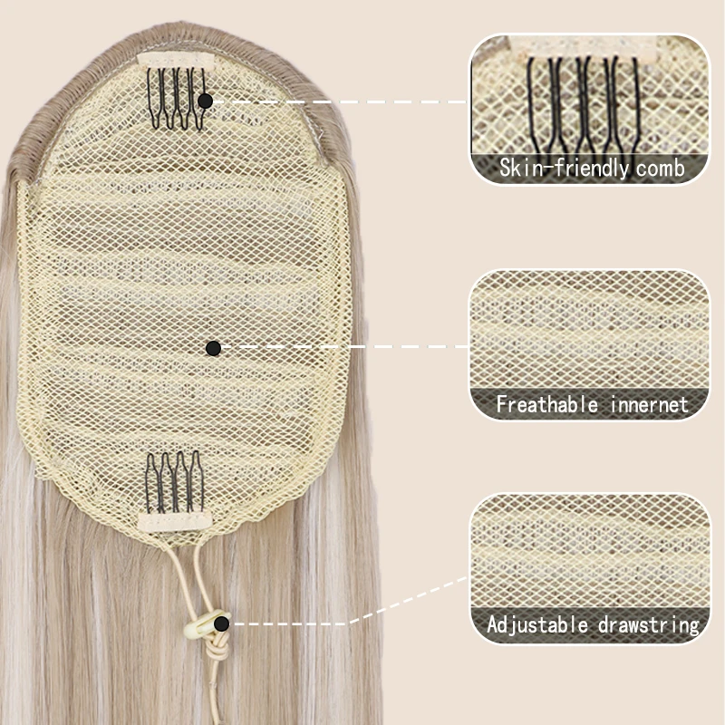 26inch Long Straight Drawstring Ponytail Ombre Black Straight Hairpiece for Women Synthetic Horse Tail Clip in Hair Extension