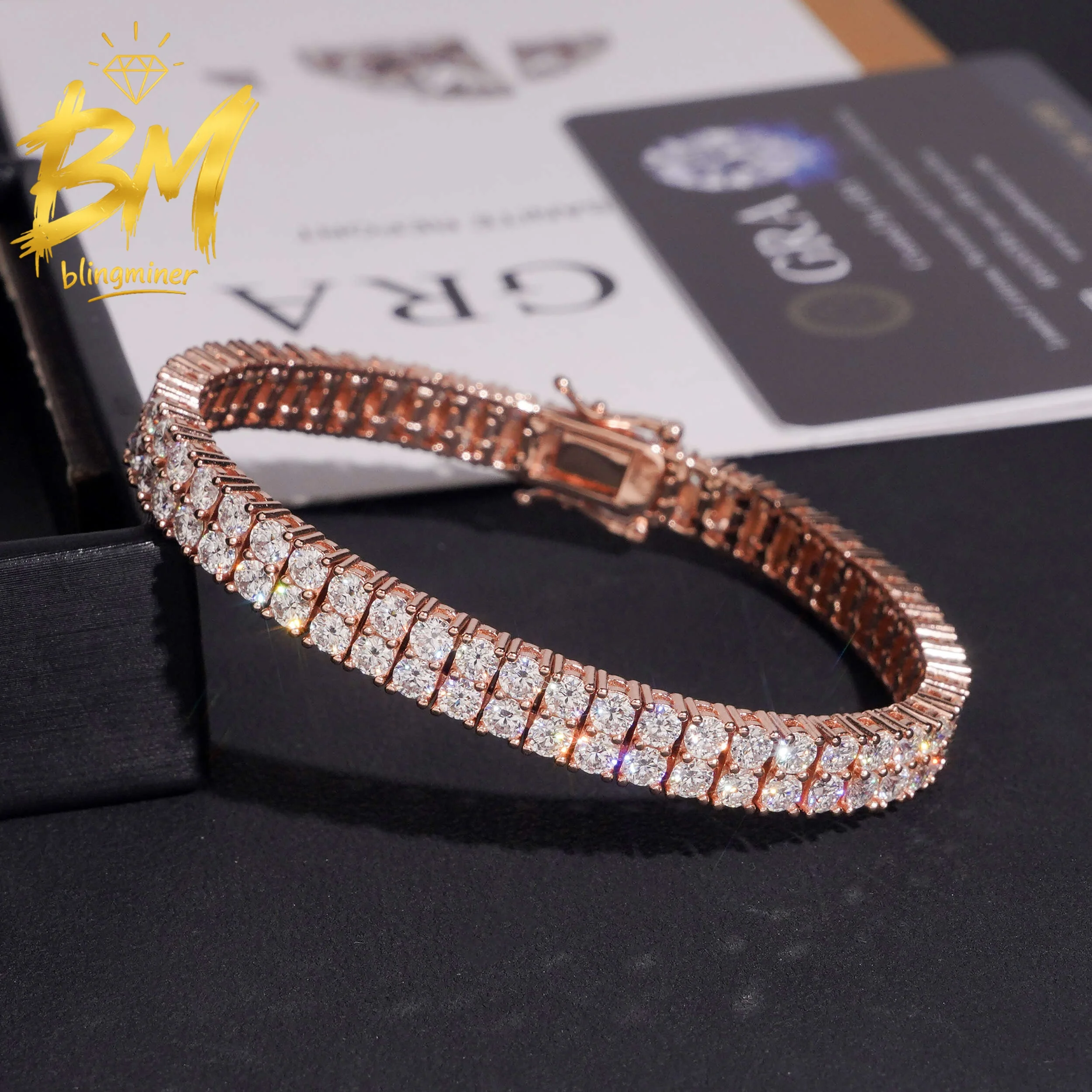 Blingminer 2rows 6.6mm Moissanite Tennis Chain Bracelet Iced Out For Men Women S925 Silver Pass Diamonds Tester Free Shipping