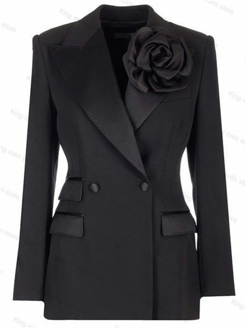 Black Women Suit Pants Set 2-Pieces Blazer+Trousers 3D Flower Double Breasted Coat Formal Office Lady Jacket Tailored Made