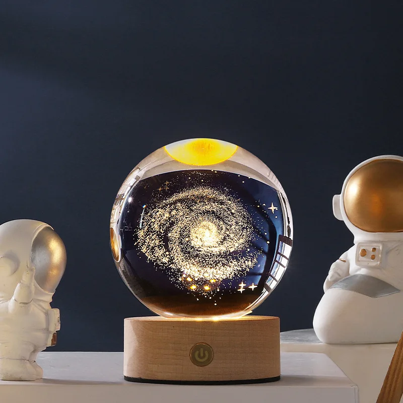 3D Laser Carved Crystal Ball LED Night Light Galaxy Projector Home Bedroom Decorative Light Solar System Moon Astronomy Gift