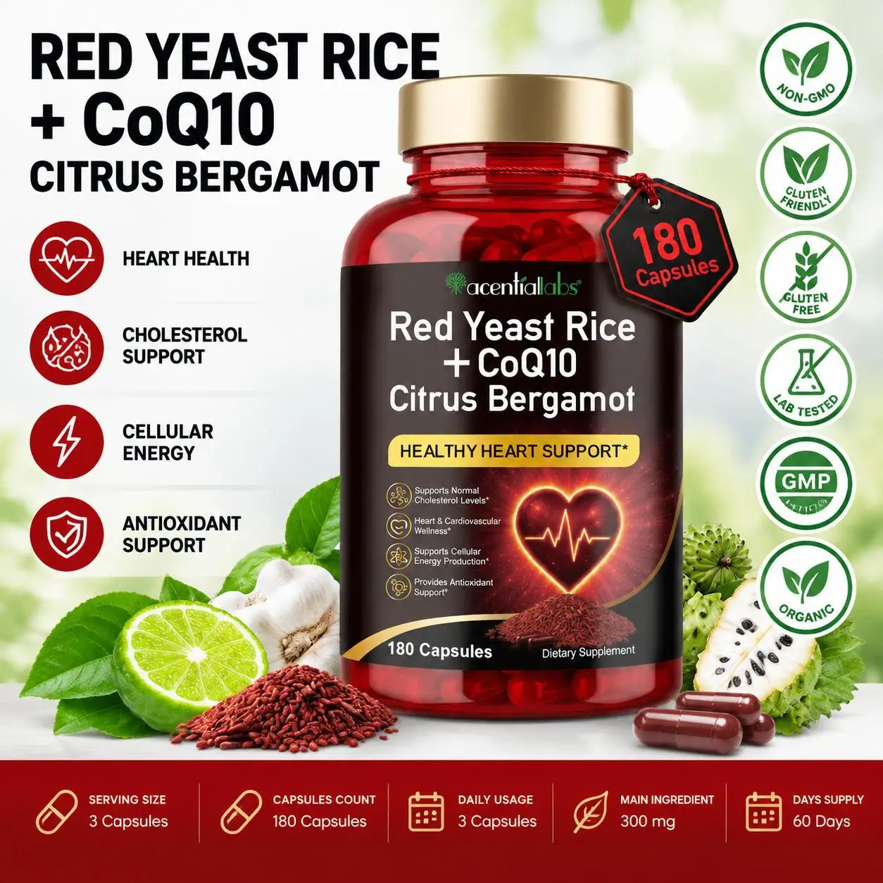 Red Yeast Rice + CoQ10, Citrus Bergamot Capsules with Niacin for Cholesterol Support Heart Health Antioxidant, 180 Capsules