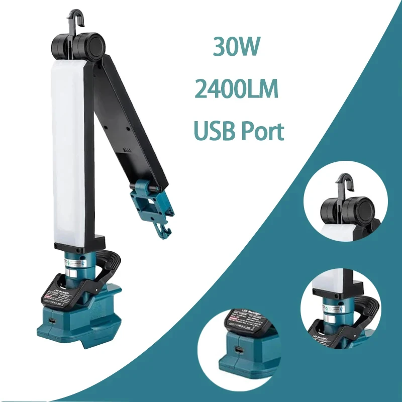 30W 2400LM LED Work Light for Makita 18V Battery Clip on Light Folding Light Outdoor Floodlight with USB Port (No Battery)