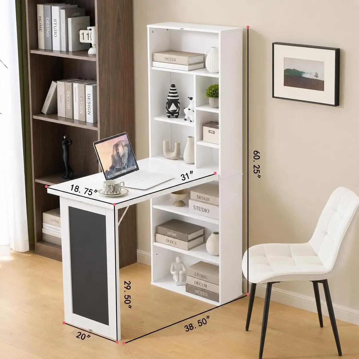 Wall Mount Foldable Writing Desk, Floating Computer Table, Home Office Study Workstation, Hanging Organizer Shelf With Storage Bookshelf And Chalkboard, Modern Style, White