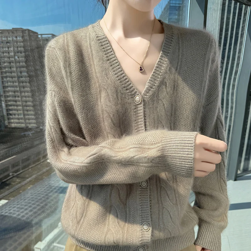 秋冬 Vネック ジャカード ミンクウール ニット カーディガン レディース ジャケット 無地 ボトム アウター ジャケット セーター