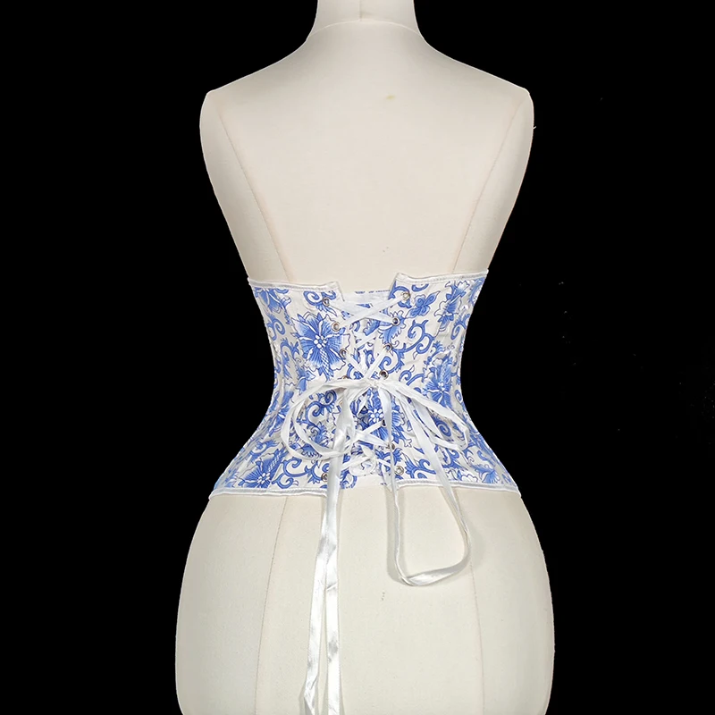 Women's Chinese Style Blue And White Porcelain Corset Waist Trainer Vintage Floral Cincher Belt Slimming Waistband for Dress Shi