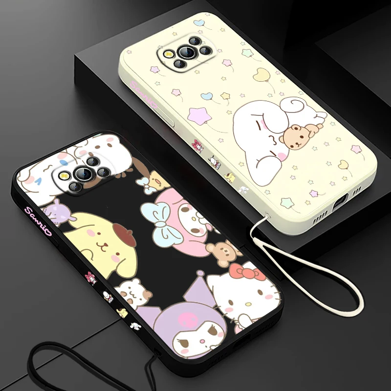 Sanrio Cartoon Cute For Xiaomi Poco Cover For X4 X3 F4 NFC M6 M5 M4 M3 GT S Pro 4G 5G Liquid Left Rope Phone Case