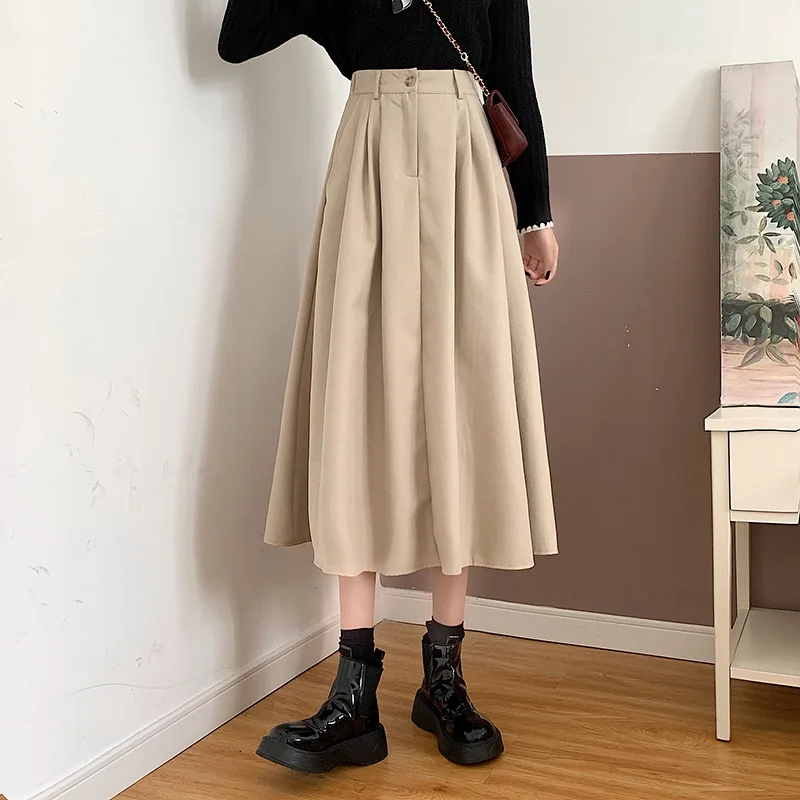 Women Autumn spring Retro High-Waist Skirt Girls Slimming A-Line Skirt Ladies Casual Mid-Length Skirt Teen Street Flared Skirt