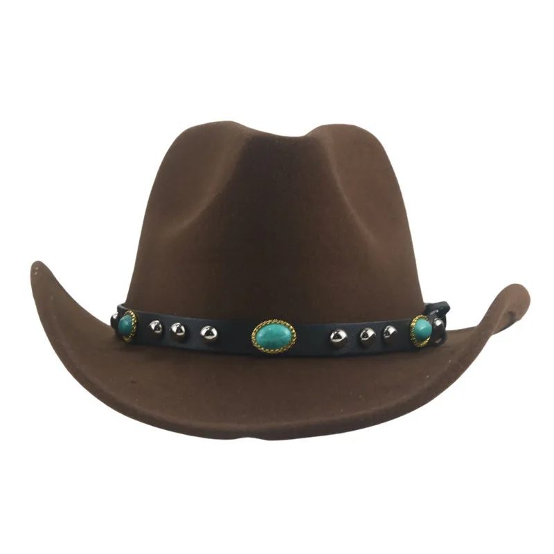 Rolled Brim Western Cowboy Hat Gem Belt Tibetan Top Hat Men's And Women's Knight's Cap Travel Sun Hat Bull Head Cross-border