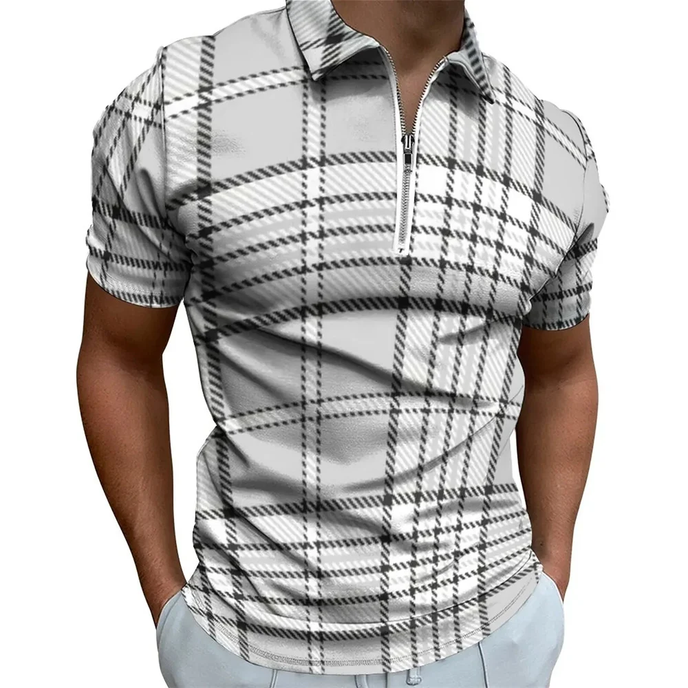

Vintage Black and White Striped 3D Printed Men's Zipper Polo Shirt Summer New Slim Sweatshirt Lapel Men's Tops Streetwear